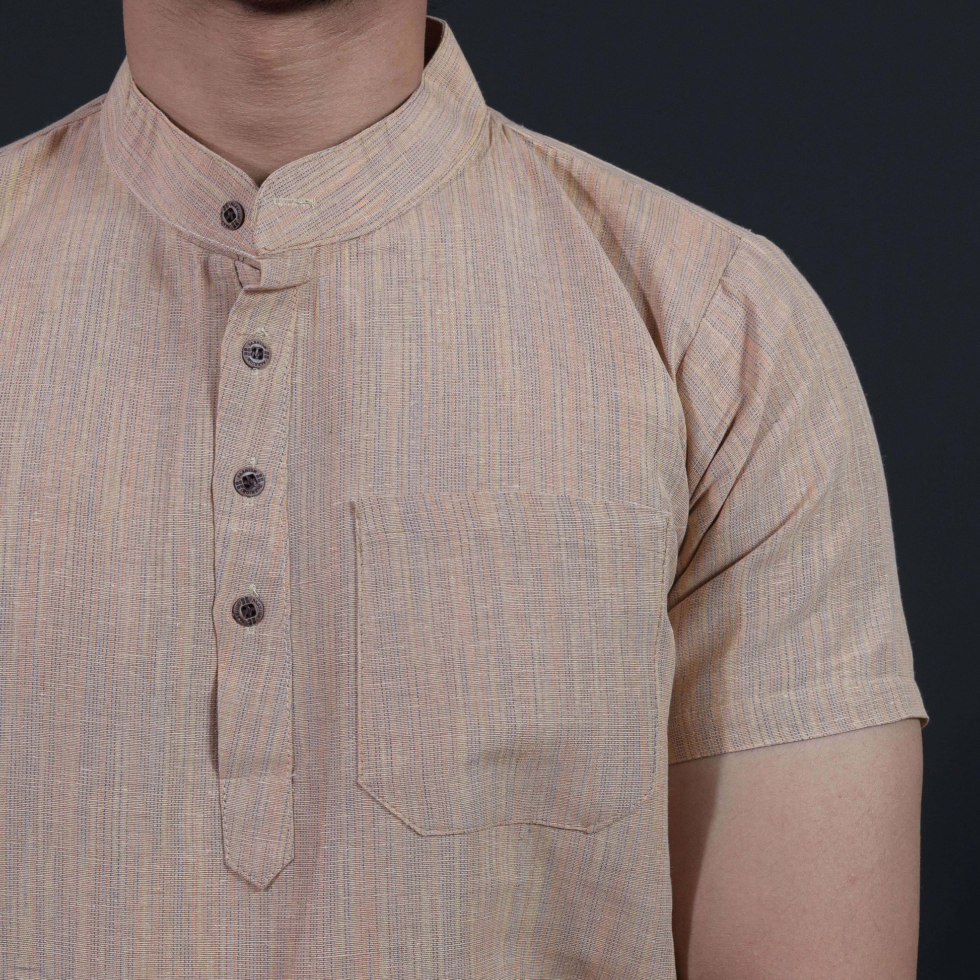 Close Up of Beige Handwoven Khadi Kurta with Thread Line Weaving Pattern