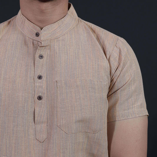 Close Up of Beige Handwoven Khadi Kurta with Thread Line Weaving Pattern