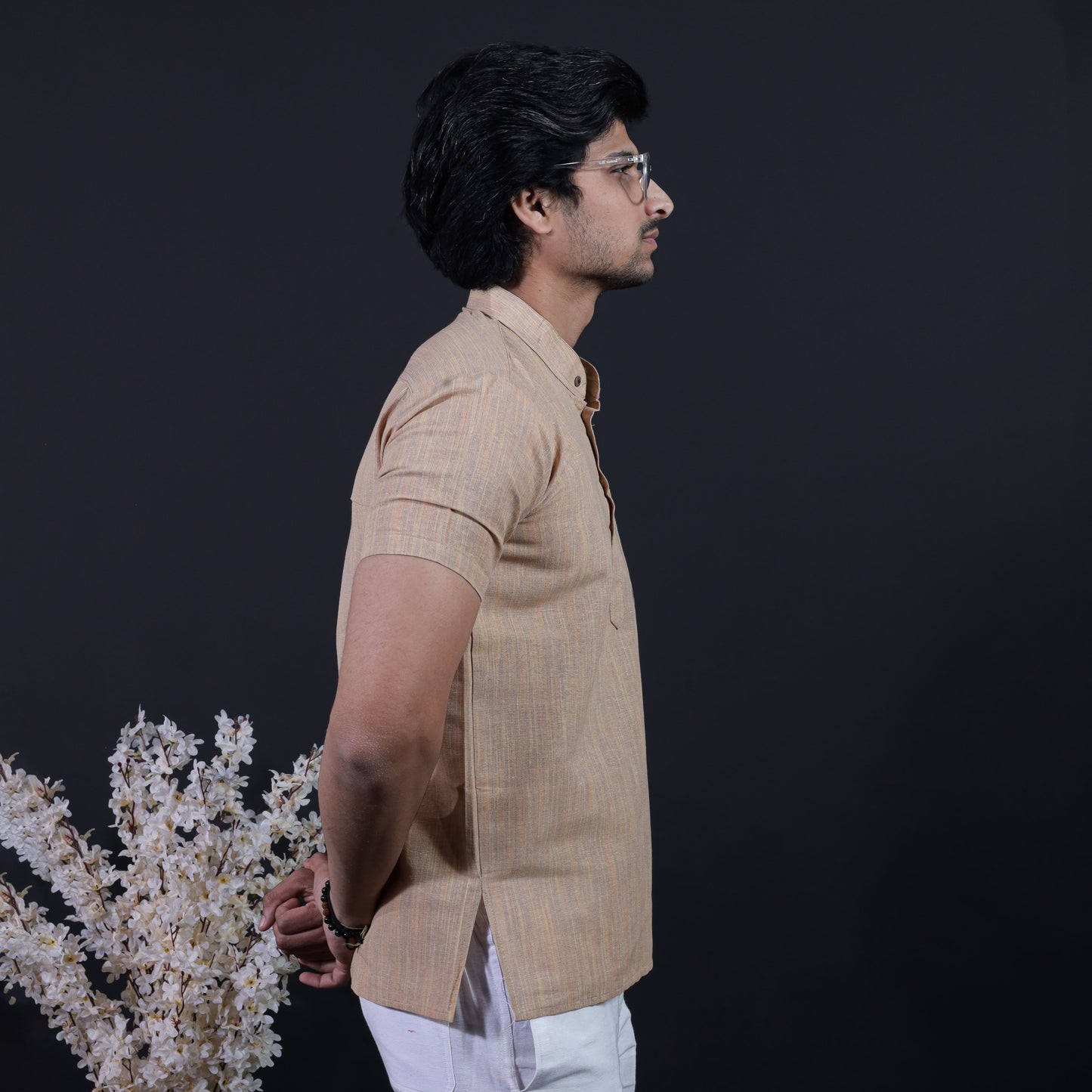 Side Profile of Beige Half Sleeves Short Khadi Kurta for Men