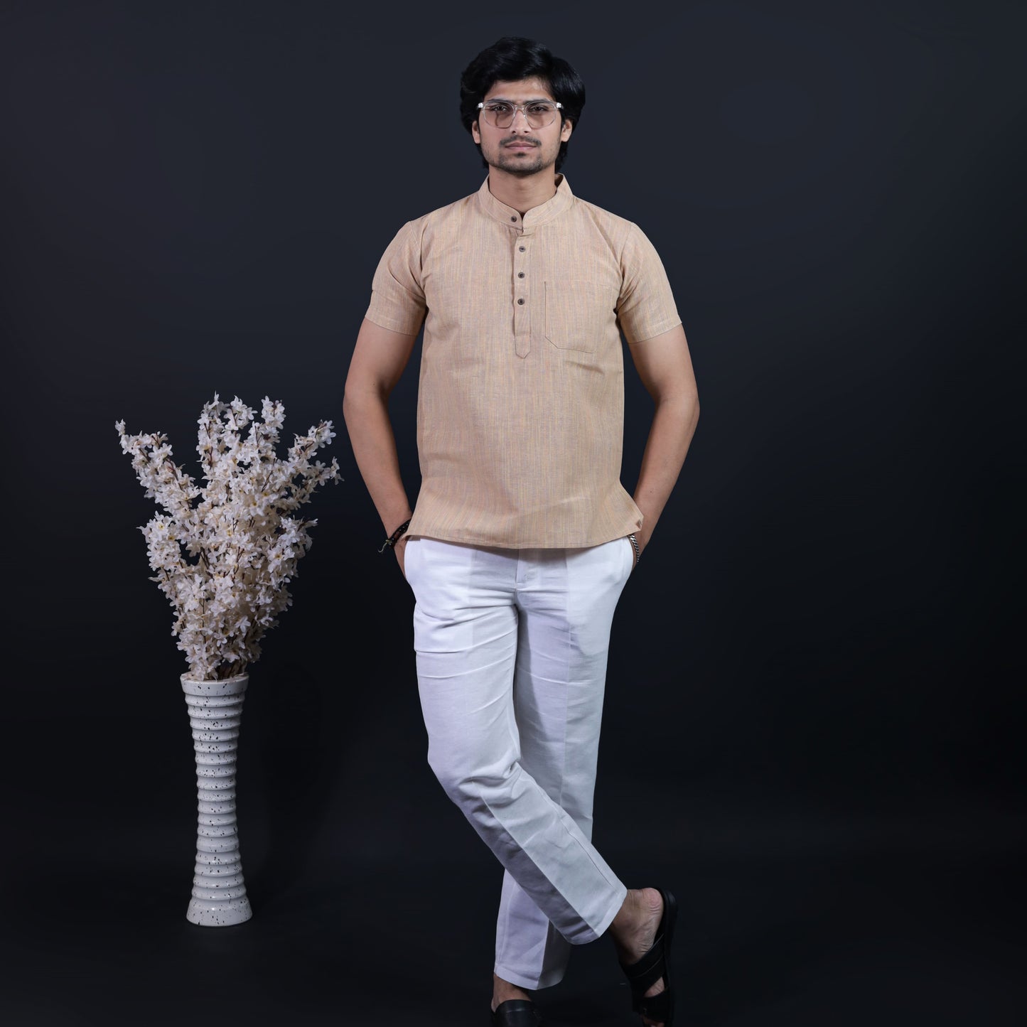 Men Wearing Beige Thread Line Khadi Kurta with White Pant Combo Set