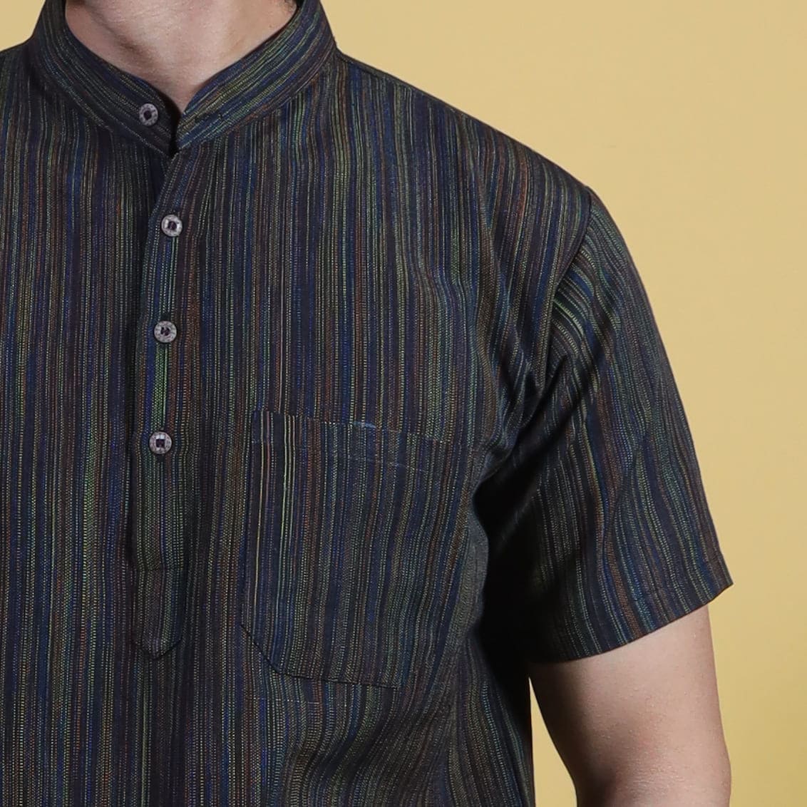 Close-up of Black Loomstripe Thread Line Khadi Kurta Showing Handwoven Texture and Mandarin Collar