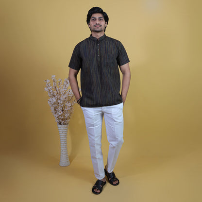 Men's Black Thread Line Khadi Kurta with White Pant Ethnic Combo Set