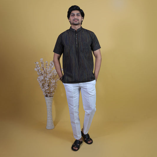 Men's Black Thread Line Khadi Kurta with White Pant Ethnic Combo Set