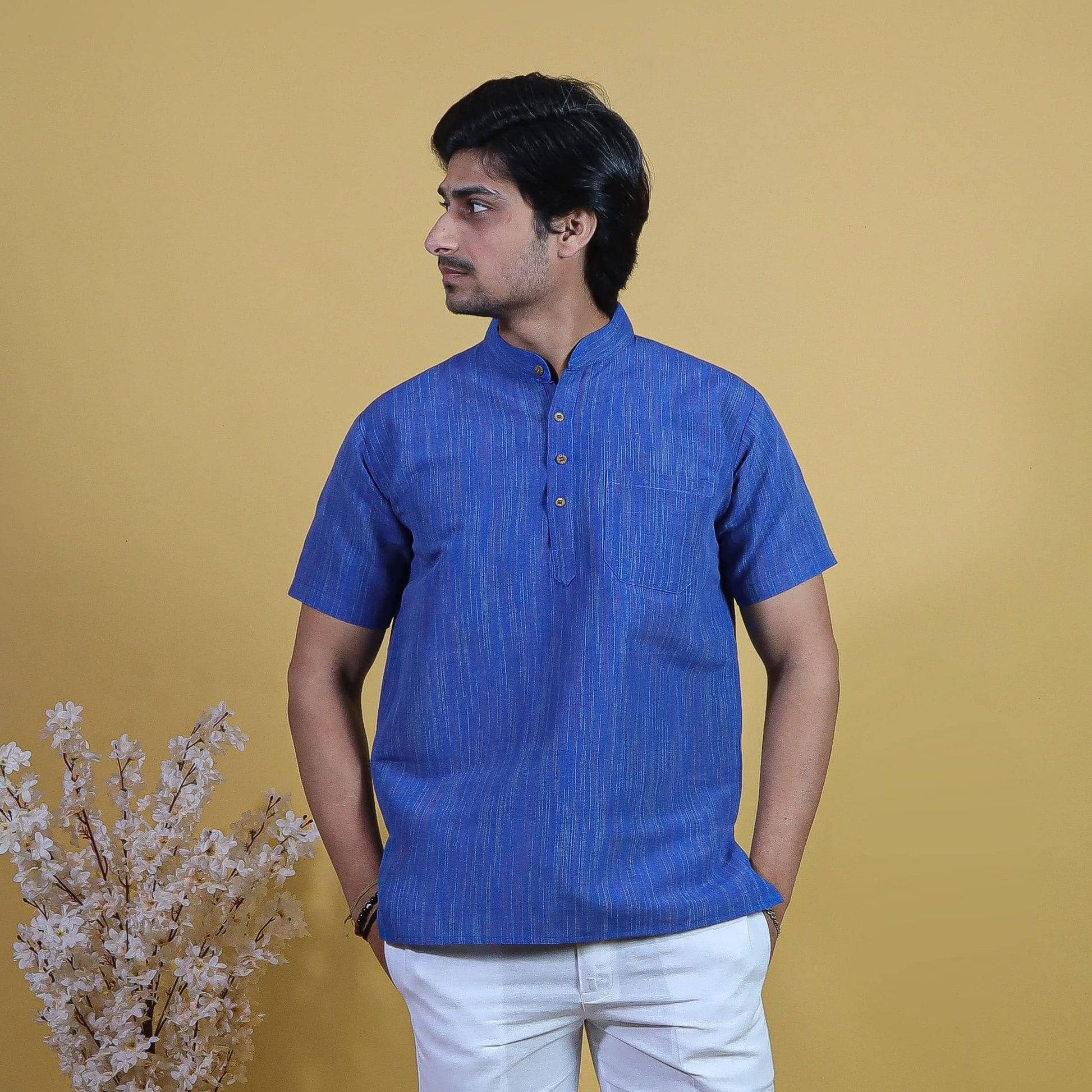 Blue Color Thread Line Half Sleeves Kurta front view for men