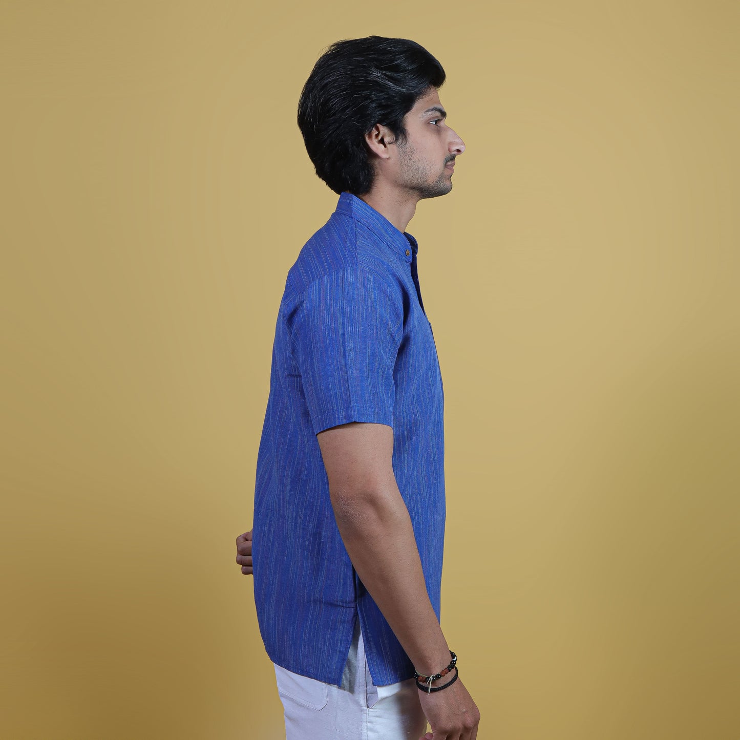 Blue Color Thread Line Khadi Cotton Kurta side profile view