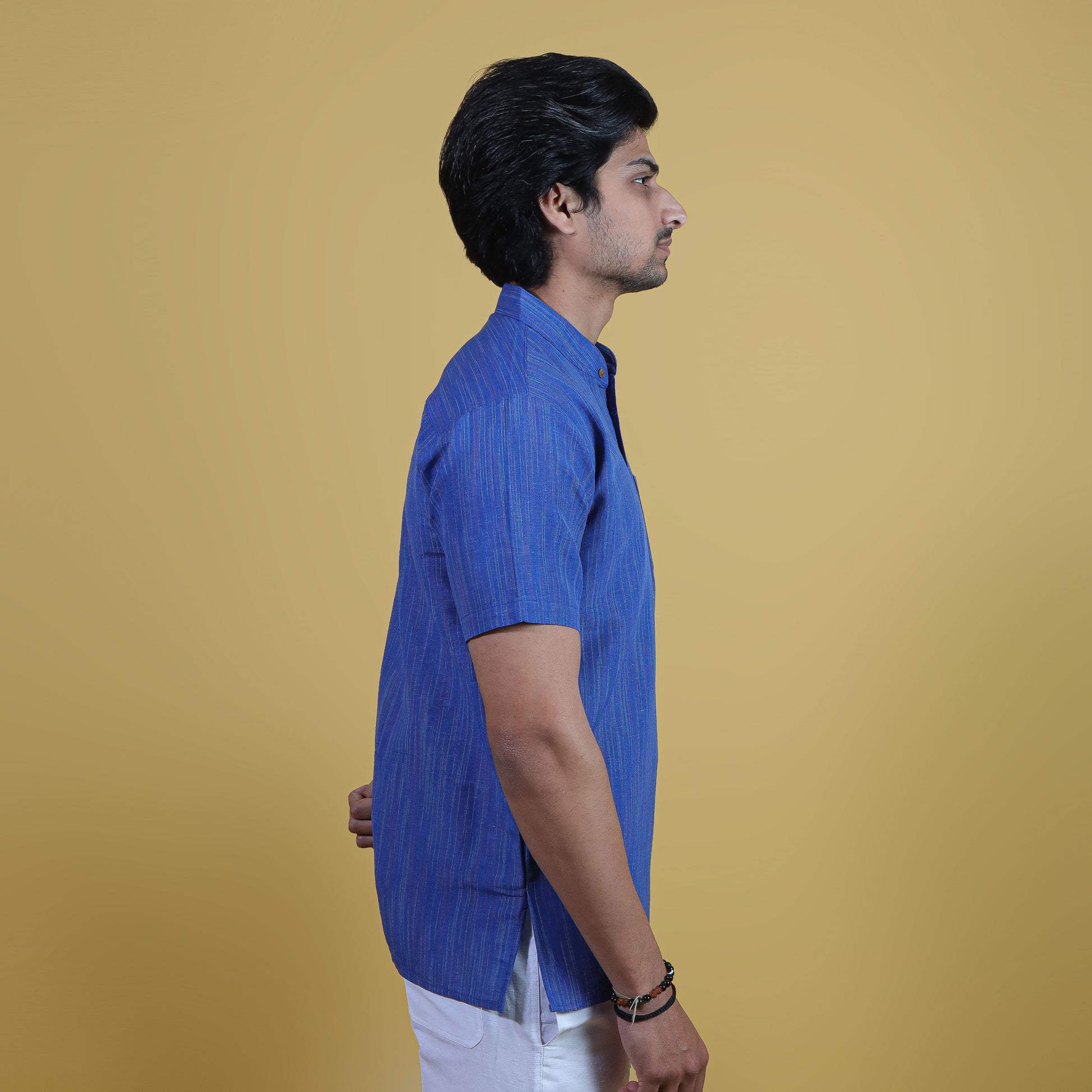 Blue Color Thread Line Khadi Cotton Kurta side profile view