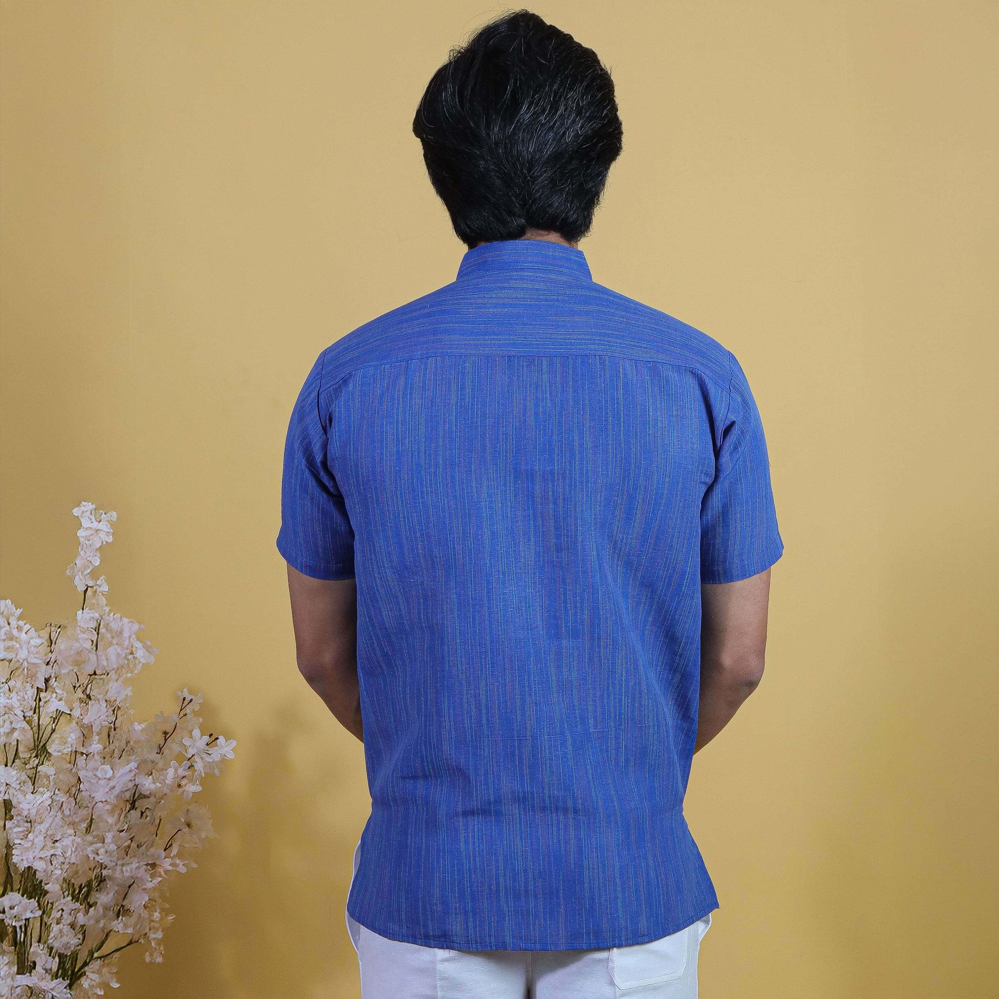 Blue Color Thread Line Half Sleeves Kurta back view for men