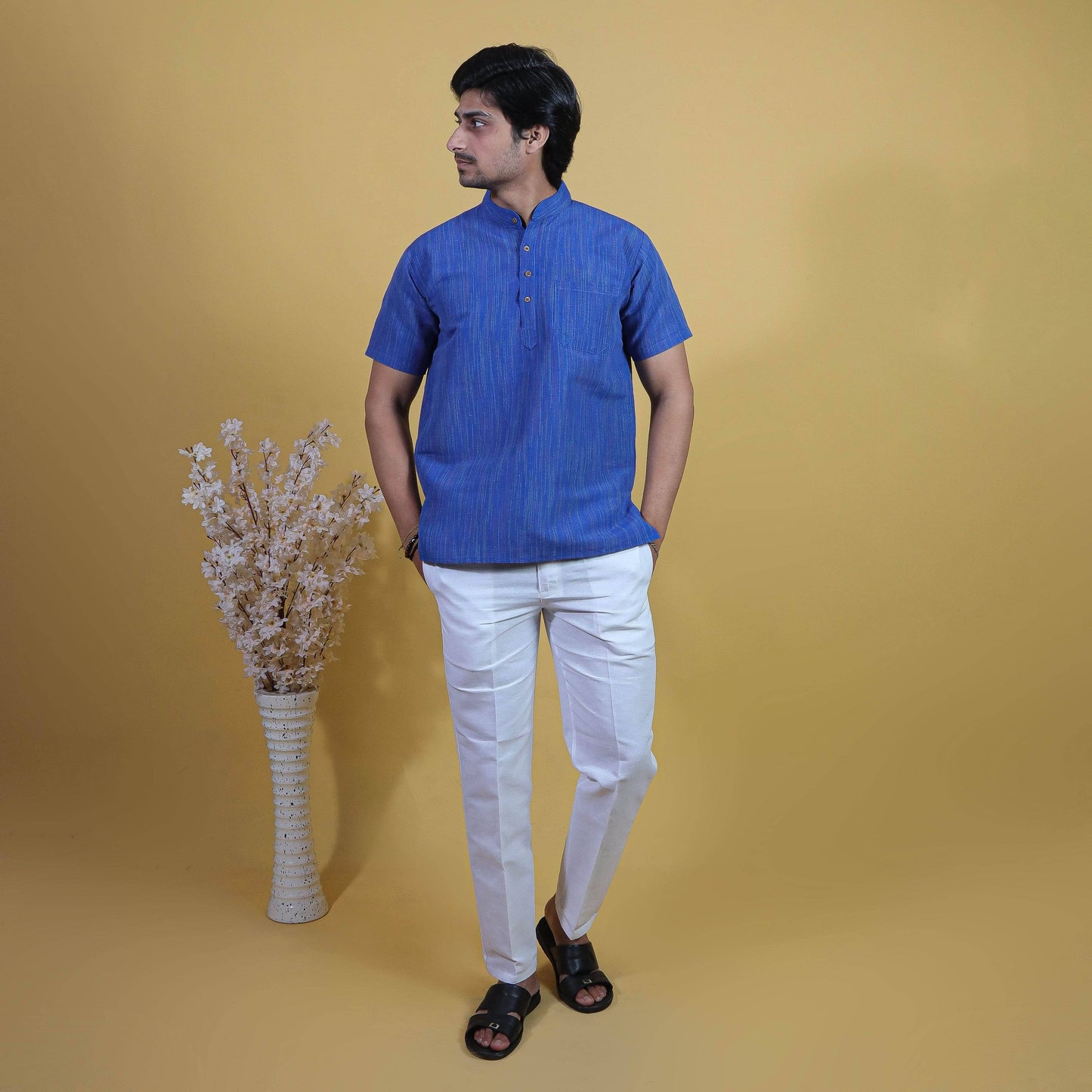 Men wearing Blue Color Thread Line Kurta Pant Combo Set full outfit view