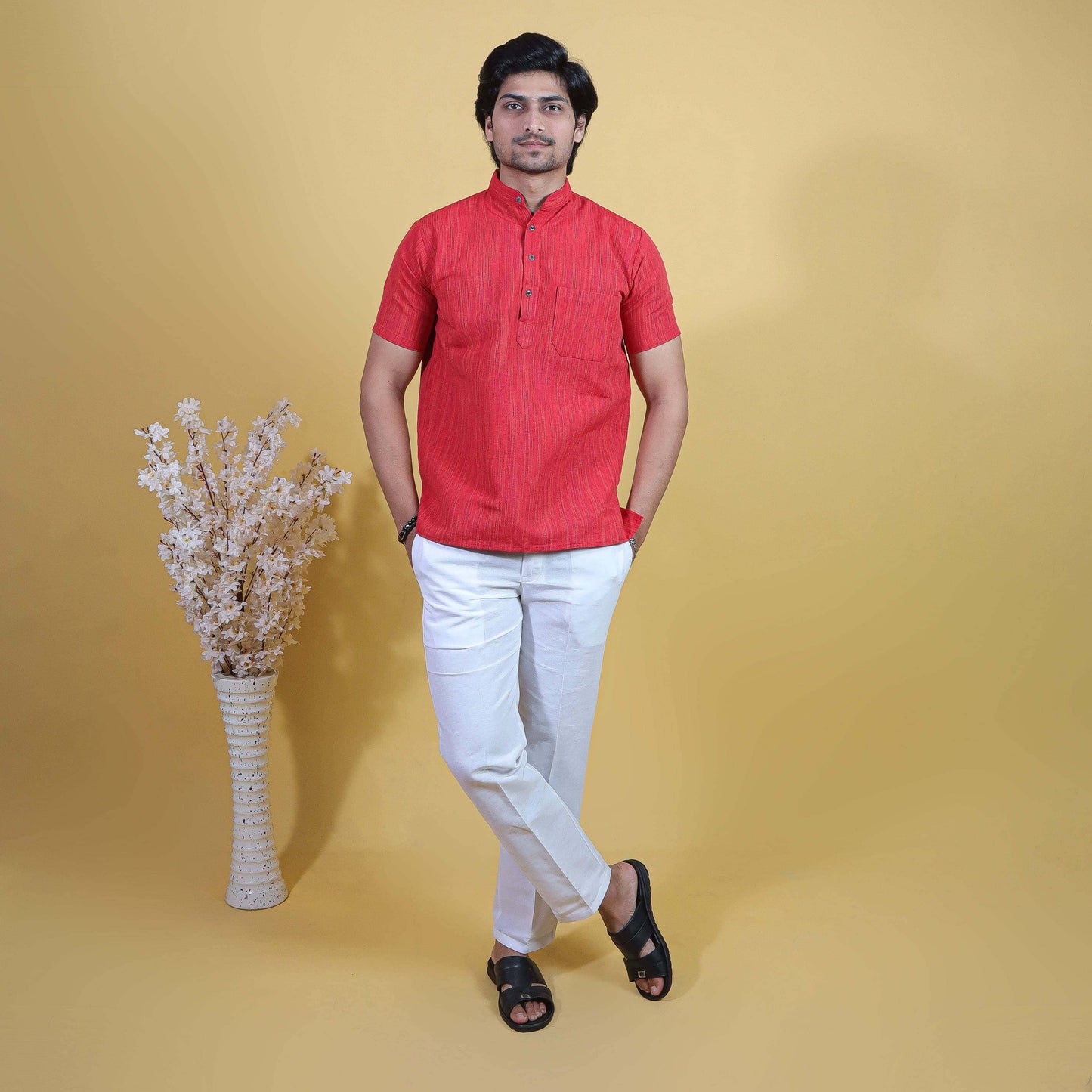 Men wearing Red Color Thread Line Half Sleeves Kurta Pant Combo Set by Kargham