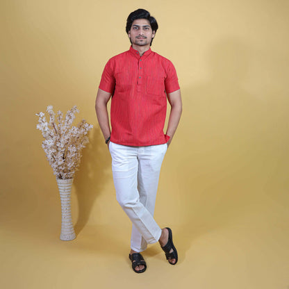Men wearing Red Color Thread Line Half Sleeves Kurta Pant Combo Set by Kargham