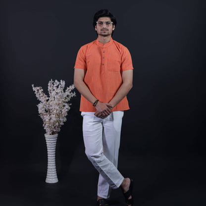 Orange color thread line kurta pant combo set for men styled with white straight fit pant