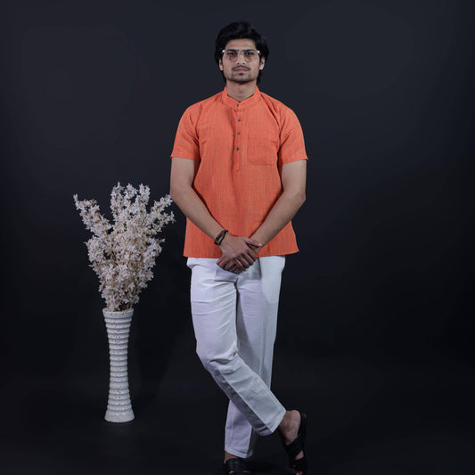 Orange color thread line kurta pant combo set for men styled with white straight fit pant