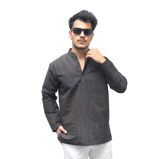 Black Thread Lines Full Sleeves Short Kurta front view cotton
