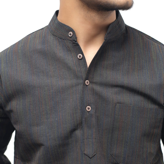 Black thread lines kurta mandarin collar detail cotton fabric