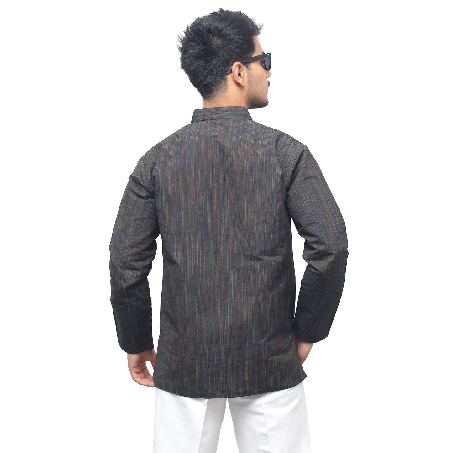 Black cotton short kurta full sleeves minimal stripe texture