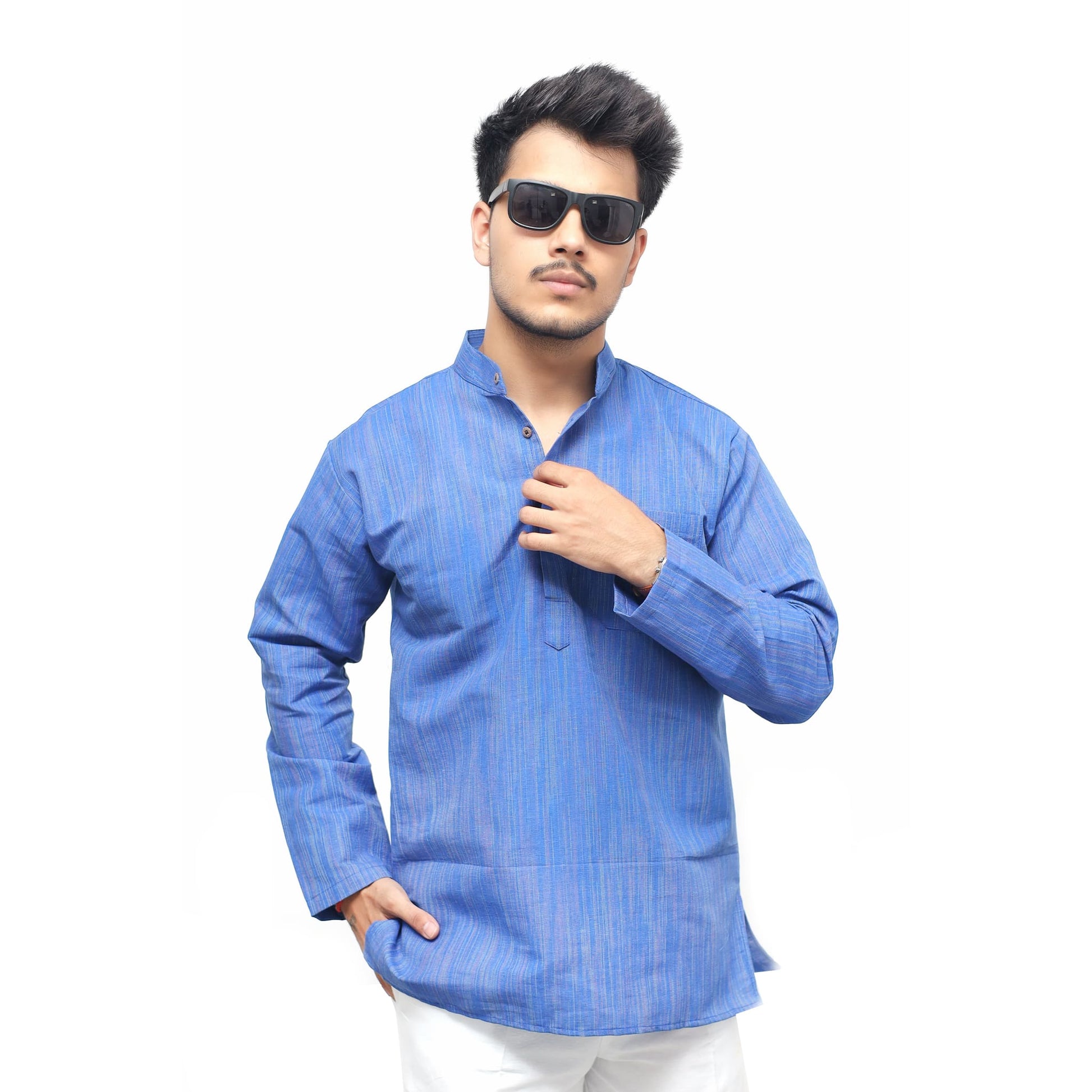 Blue Thread Lines Full Sleeves Short Khadi Cotton Kurta front view cotton casual wear