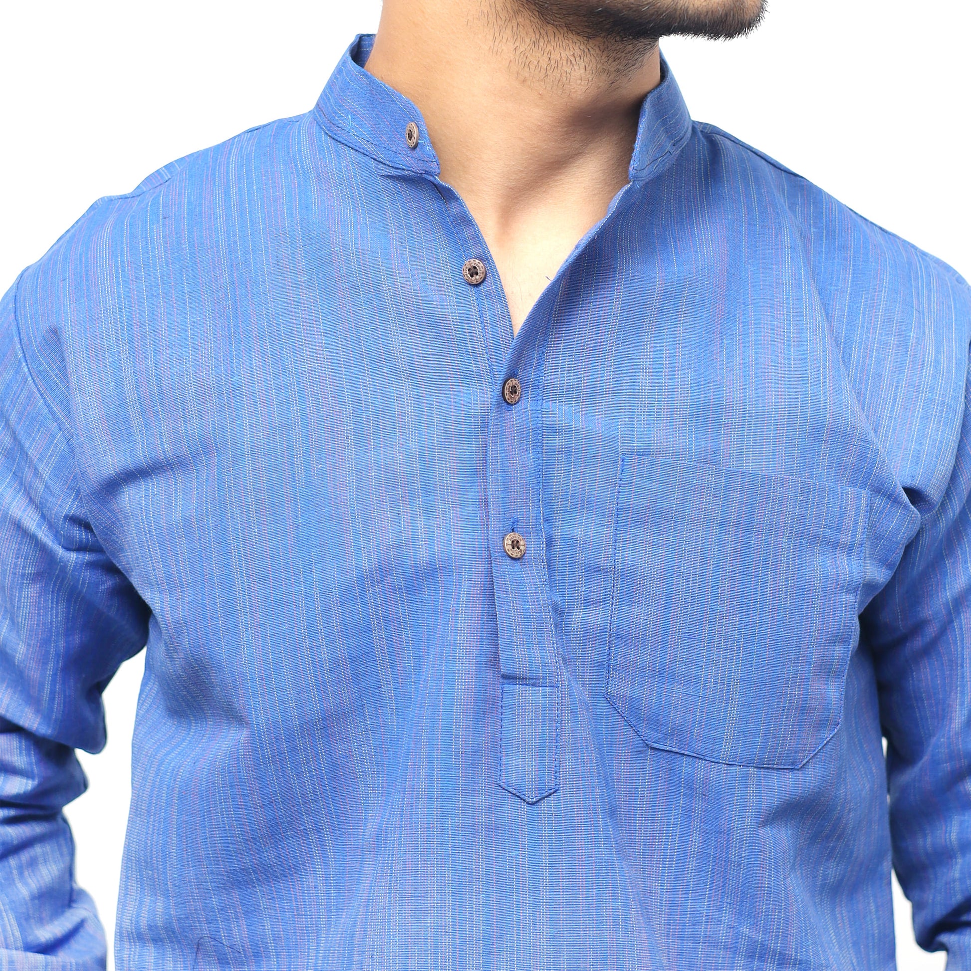 Blue Thread Lines cotton short kurta mandarin collar close-up