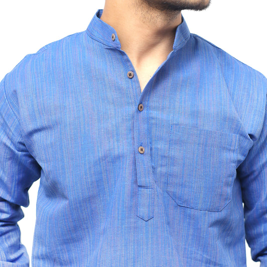 Blue Thread Lines cotton short kurta mandarin collar close-up