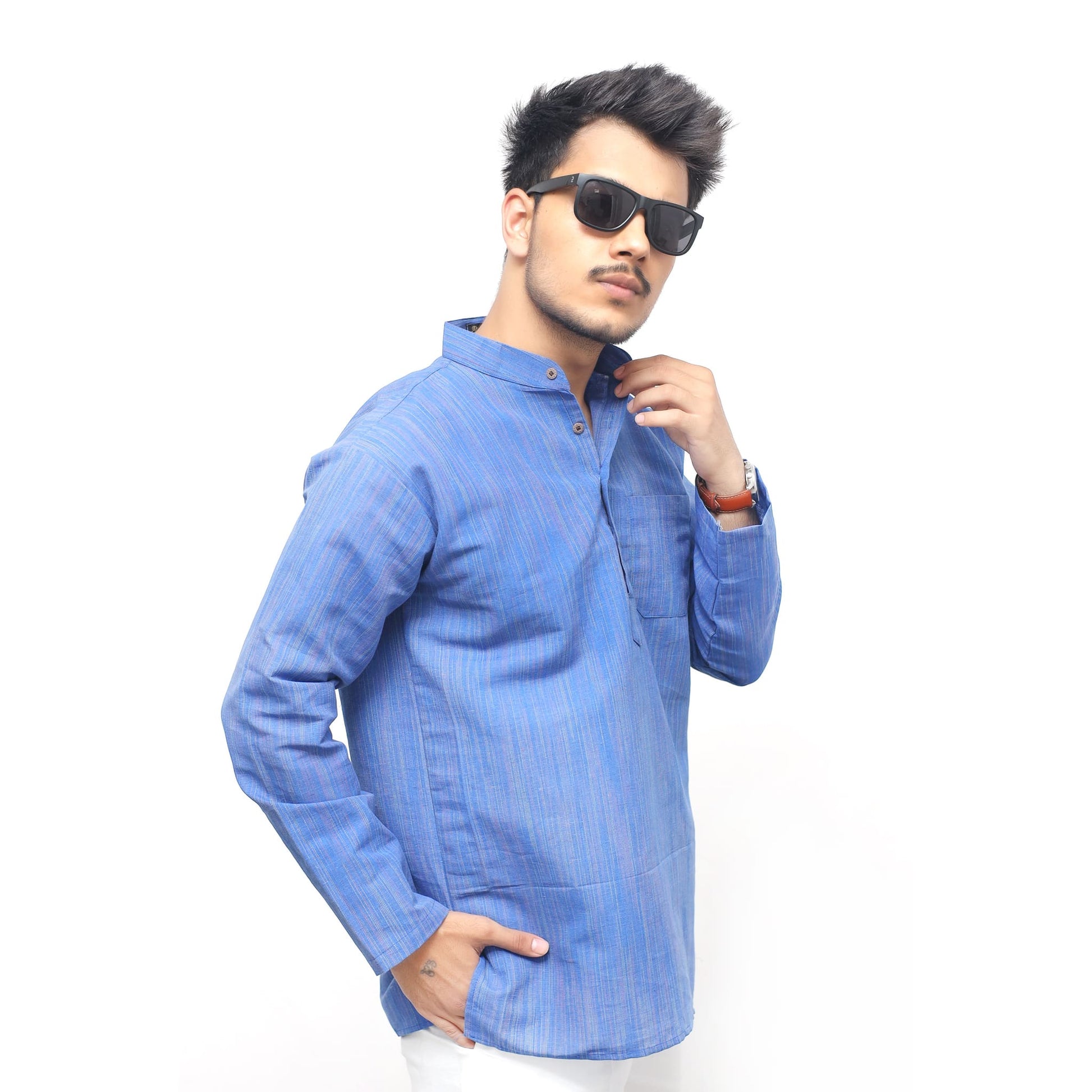 Men’s Blue Thread Lines Full Sleeves Khadi Cotton Short Kurta side pose