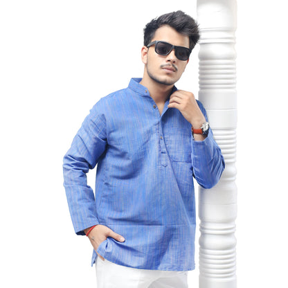 Blue cotton full sleeves khadi cotton short kurta back side style view