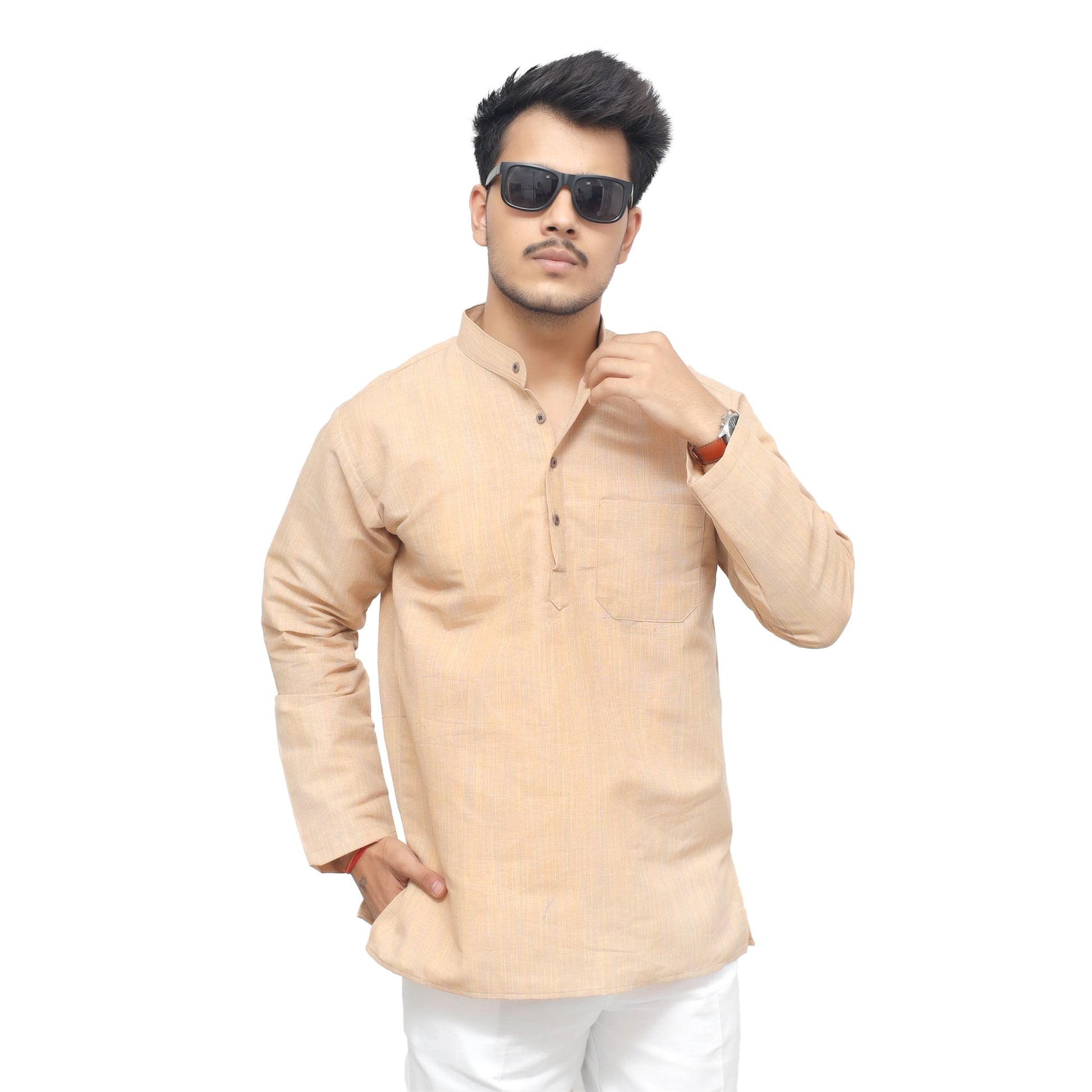 Beige Thread Lines Full Sleeves Khadi Cotton Short Kurta front view cotton