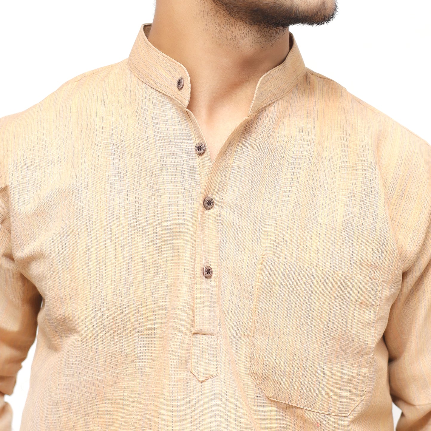 Beige Khadi Cotton short kurta thread lines collar detail
