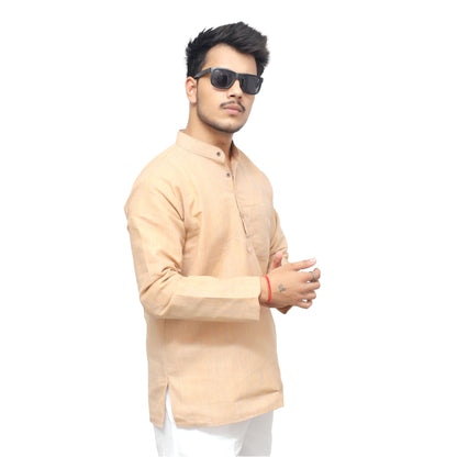 Beige Thread Lines Khadi Cotton kurta side angle casual wear men