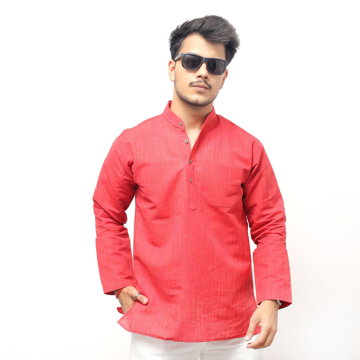 Red Thread Lines Full Sleeves Khadi Cotton Short Kurta front view cotton casual wear