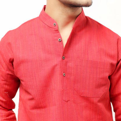 Red Thread Lines Full Sleeves Khadi Cotton Short Kurta mandarin collar close-up