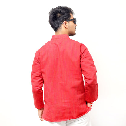 Cotton Red Thread Lines Full Sleeves Khadi Cotton Short Kurta casual ethnic look