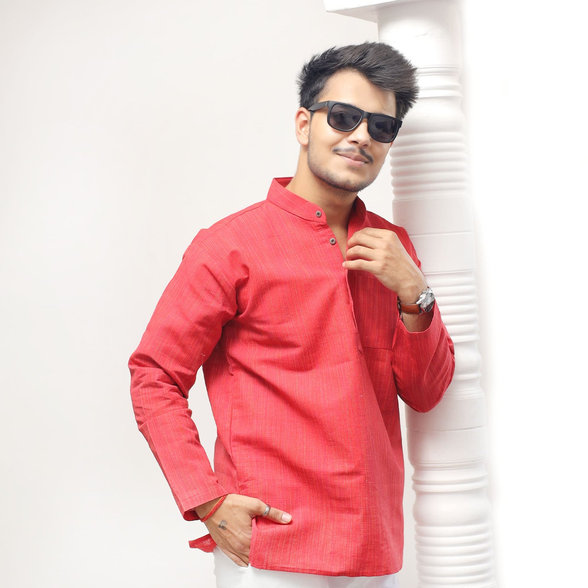 Red Thread Lines Full Sleeves Khadi Cotton Short Kurta back profile regular fit