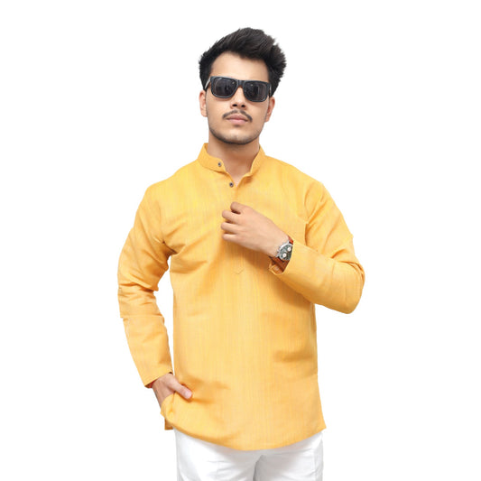 Yellow thread lines full sleeves short kurta front view cotton casual wear
