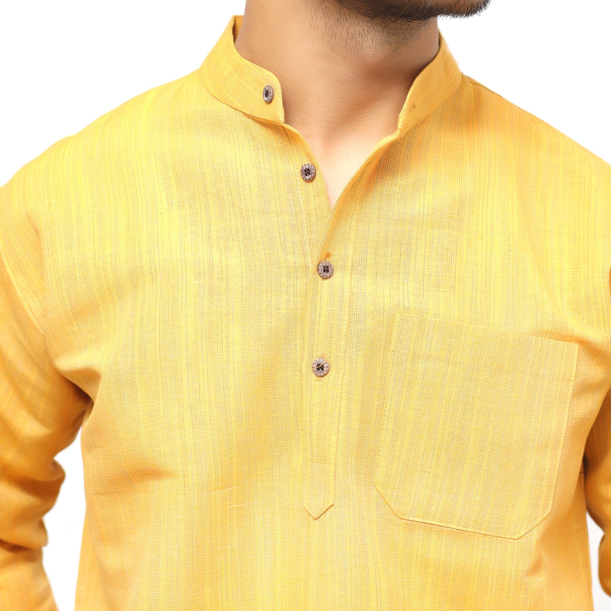 Yellow thread lines kurta close-up fabric texture and mandarin collar detail