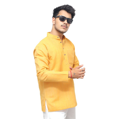 Side angle yellow thread lines full sleeves short kurta modern fit