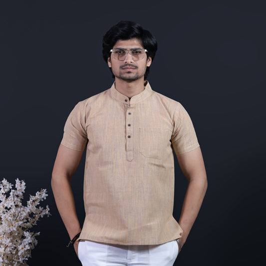 Beige Thread Lines Half Sleeves Khadi Short Kurta for men with mandarin collar front view