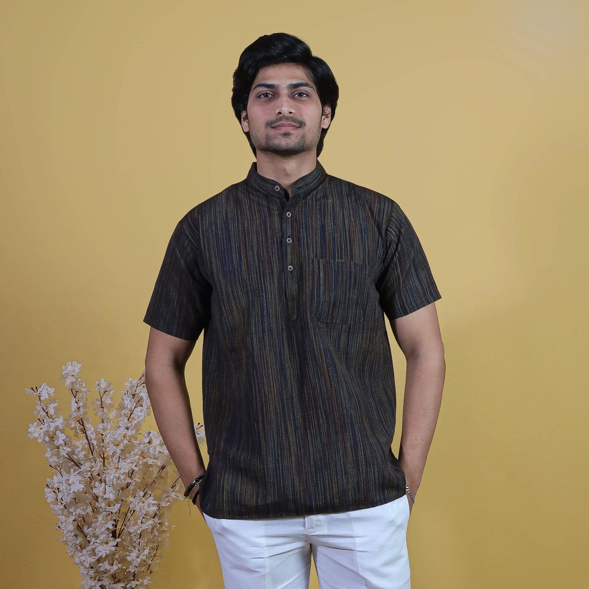 Black thread lines short half sleeves khadi kurta for men with mandarin collar front view