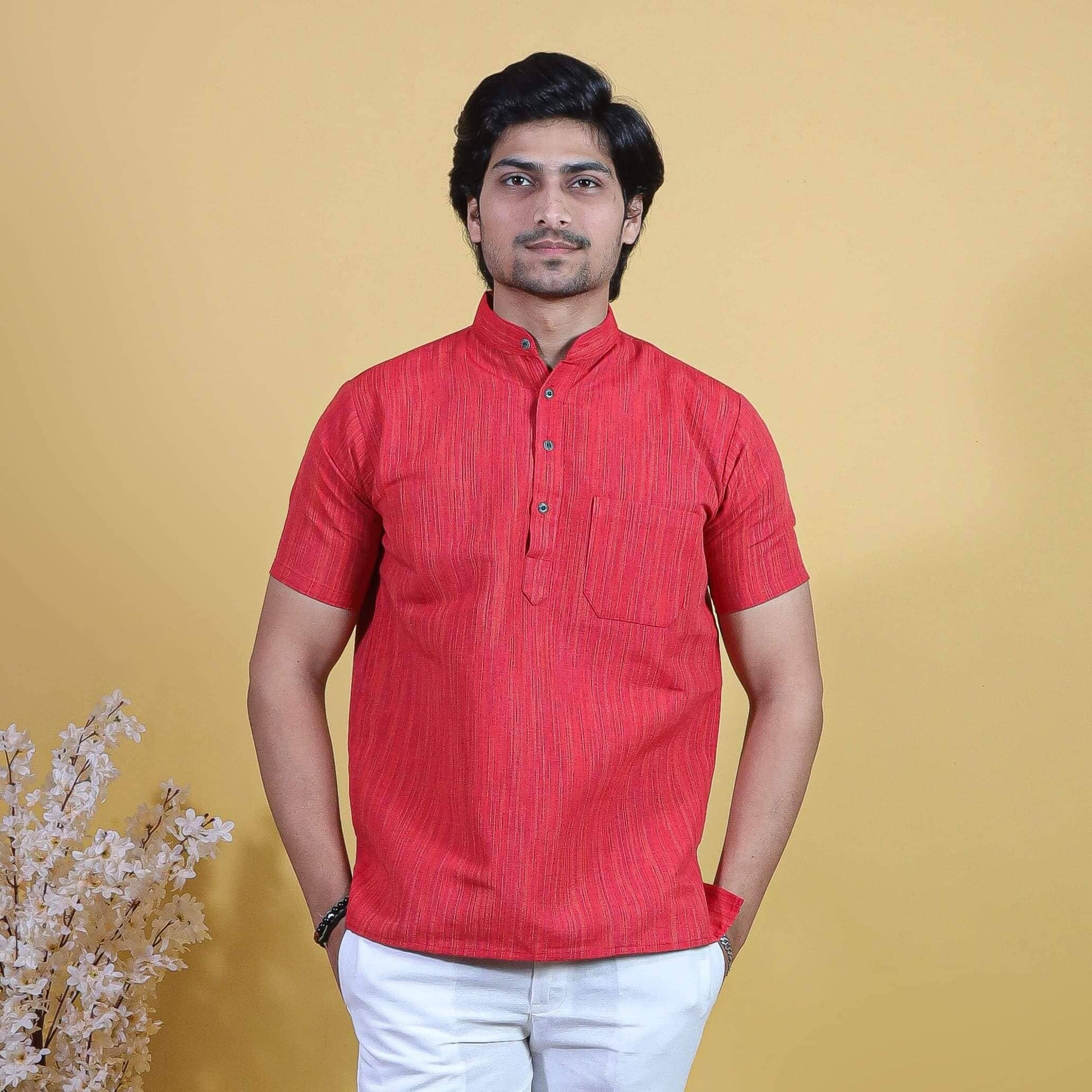 Red Thread Lines Half Sleeves Khadi Short Kurta for men with mandarin collar front view