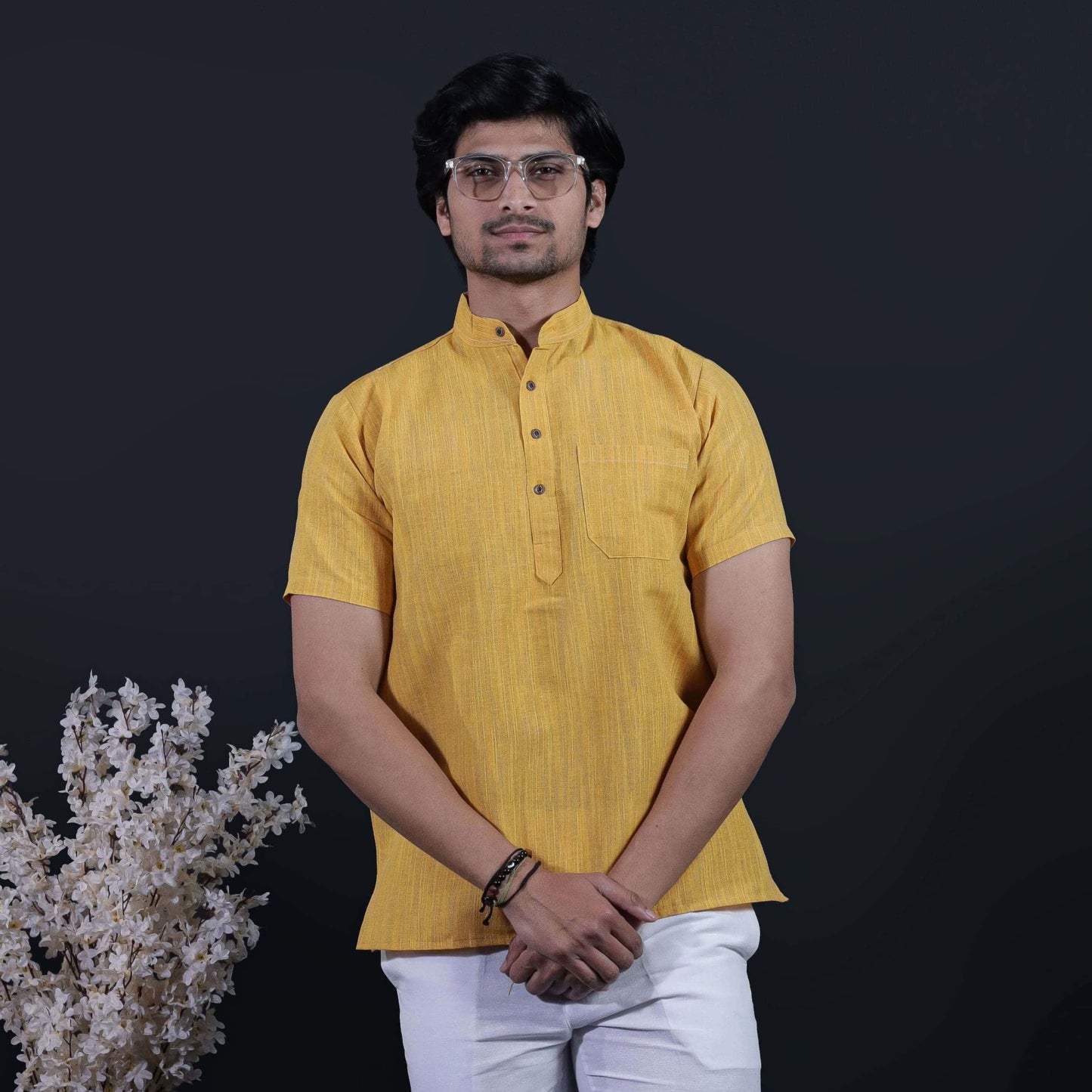 Yellow Thread Lines Half Sleeves Khadi Short Kurta for men with mandarin collar front view