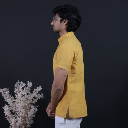 Yellow Short Khadi Cotton Kurta for Men Side Profile View
