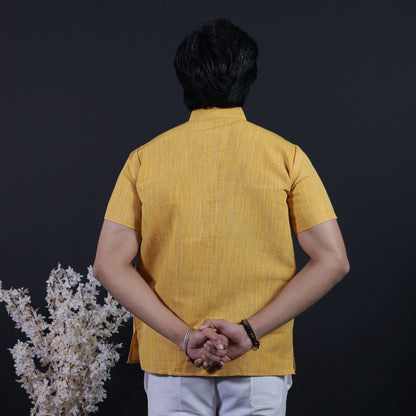 Back view of yellow thread lines khadi short kurta with vertical weave pattern