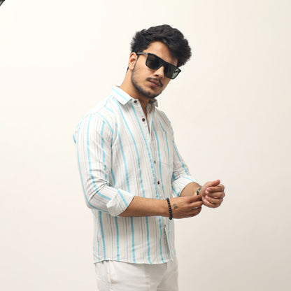 White base blue striped khadi shirt for men front look