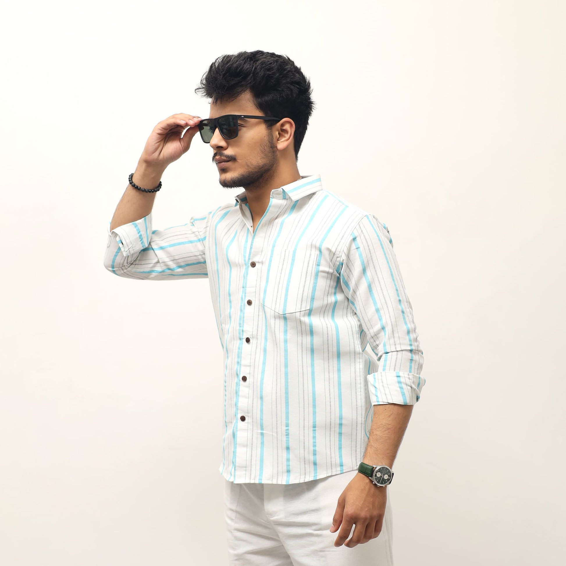 Blue striped khadi shirt for men full sleeves casual wear