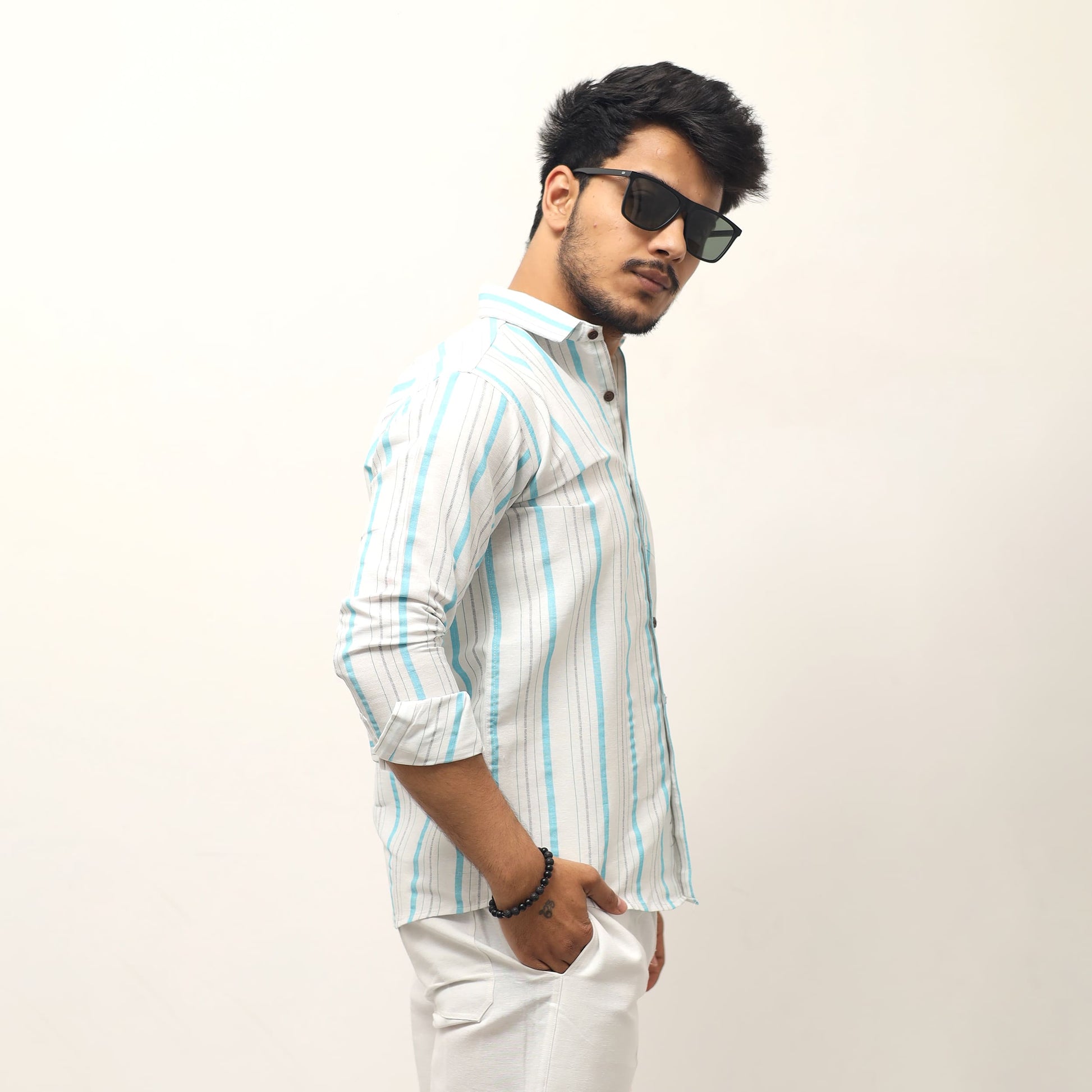 Blue striped khadi shirt for men side angle styling
