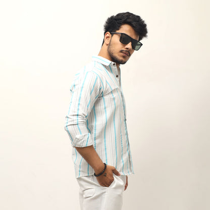 Blue striped khadi shirt for men side angle styling