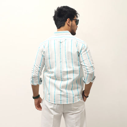 White base blue striped khadi shirt for men back view