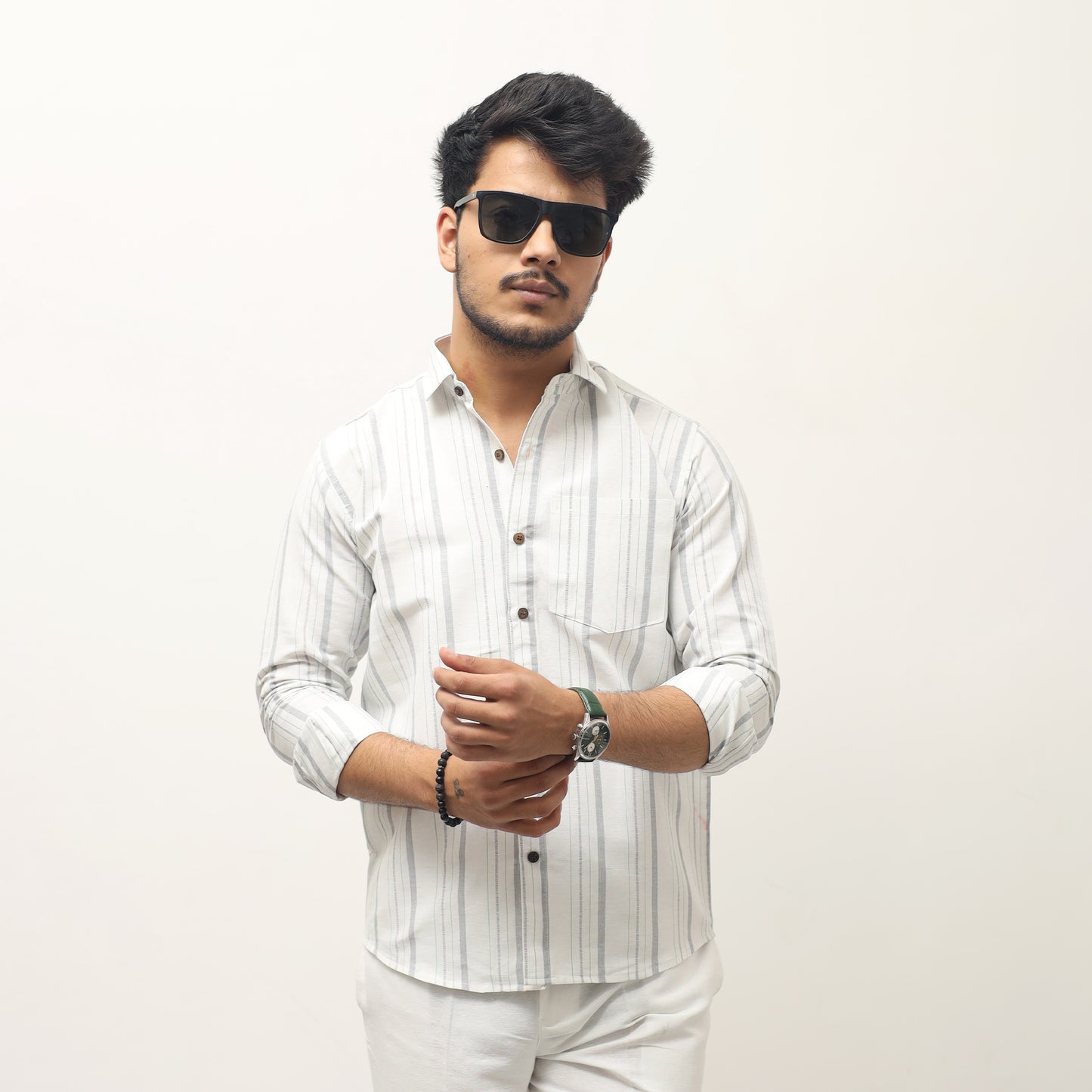 White base gray striped khadi shirt for men front look