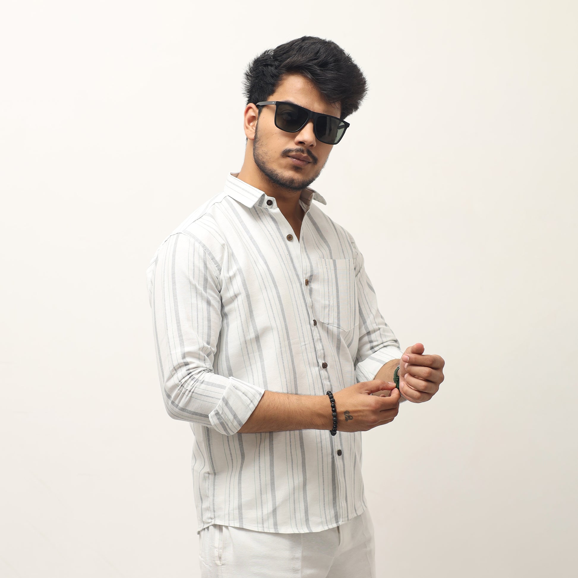 White base gray striped khadi shirt for men model wearing