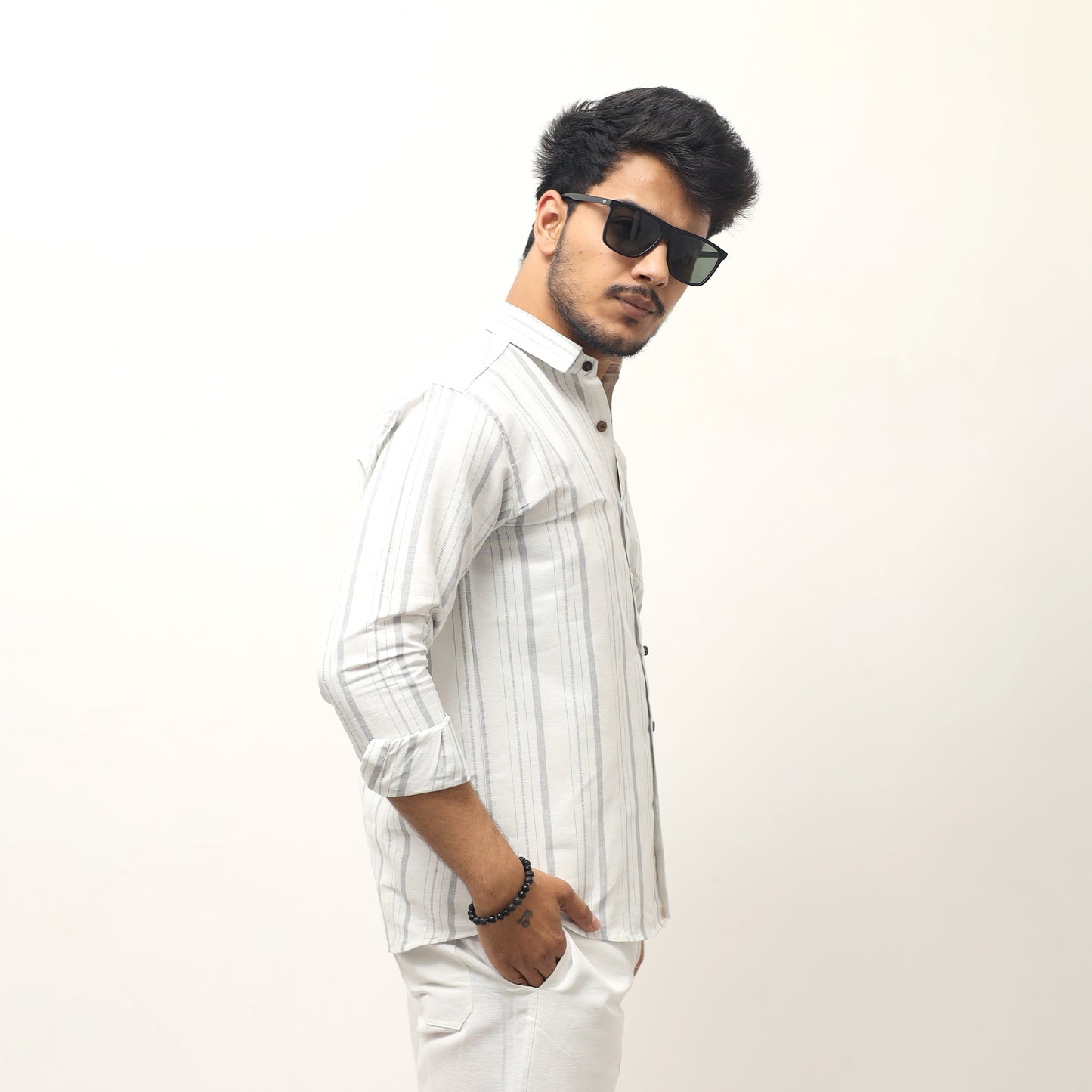 White base gray striped khadi shirt for men side profile