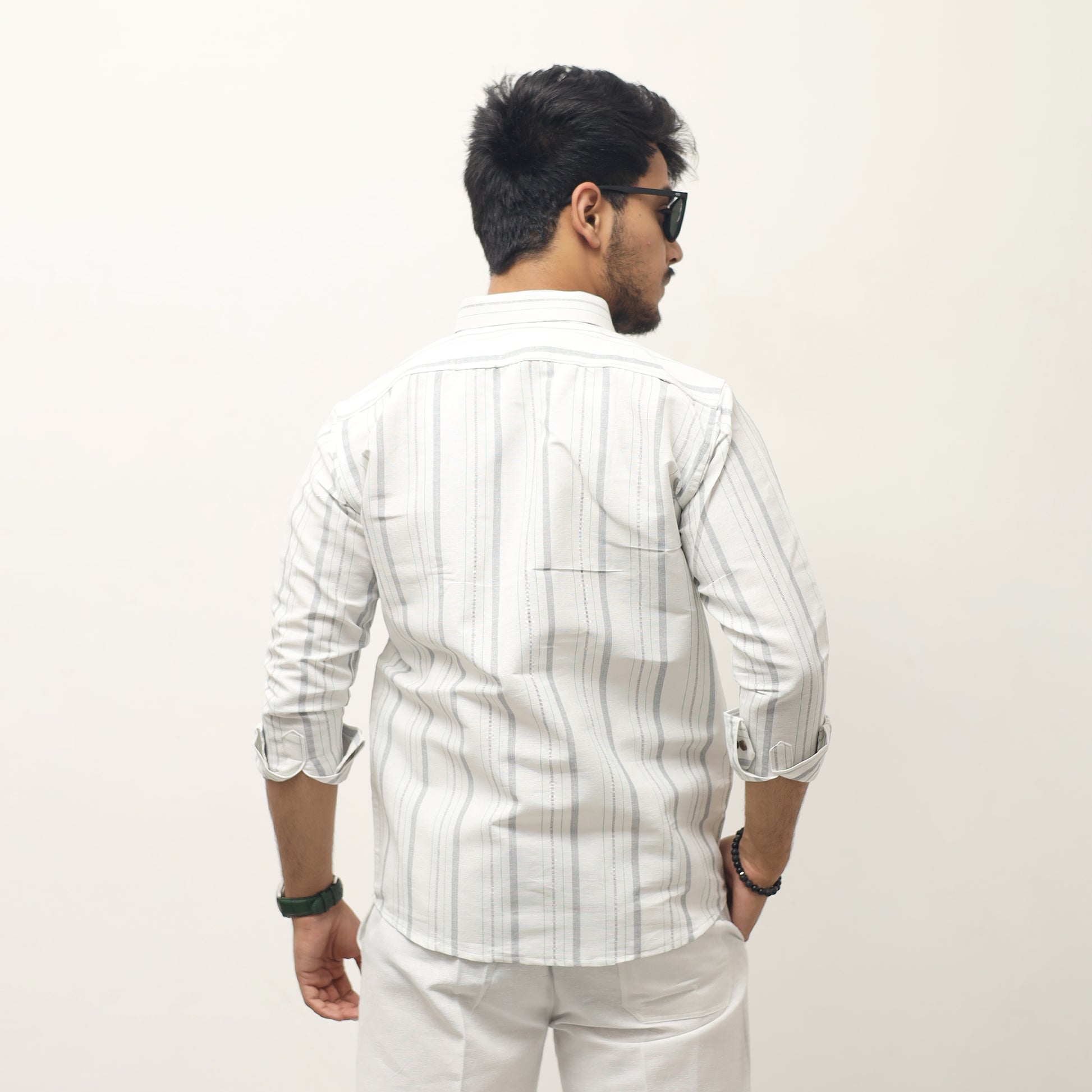White base gray striped khadi shirt for men back design