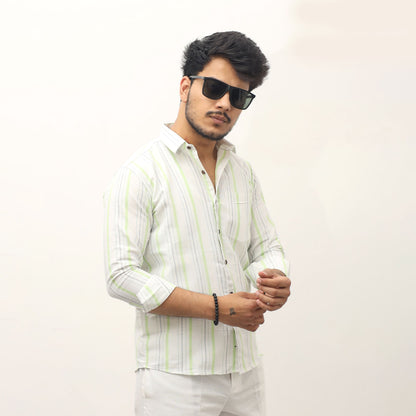 Green striped khadi shirt for men model styling